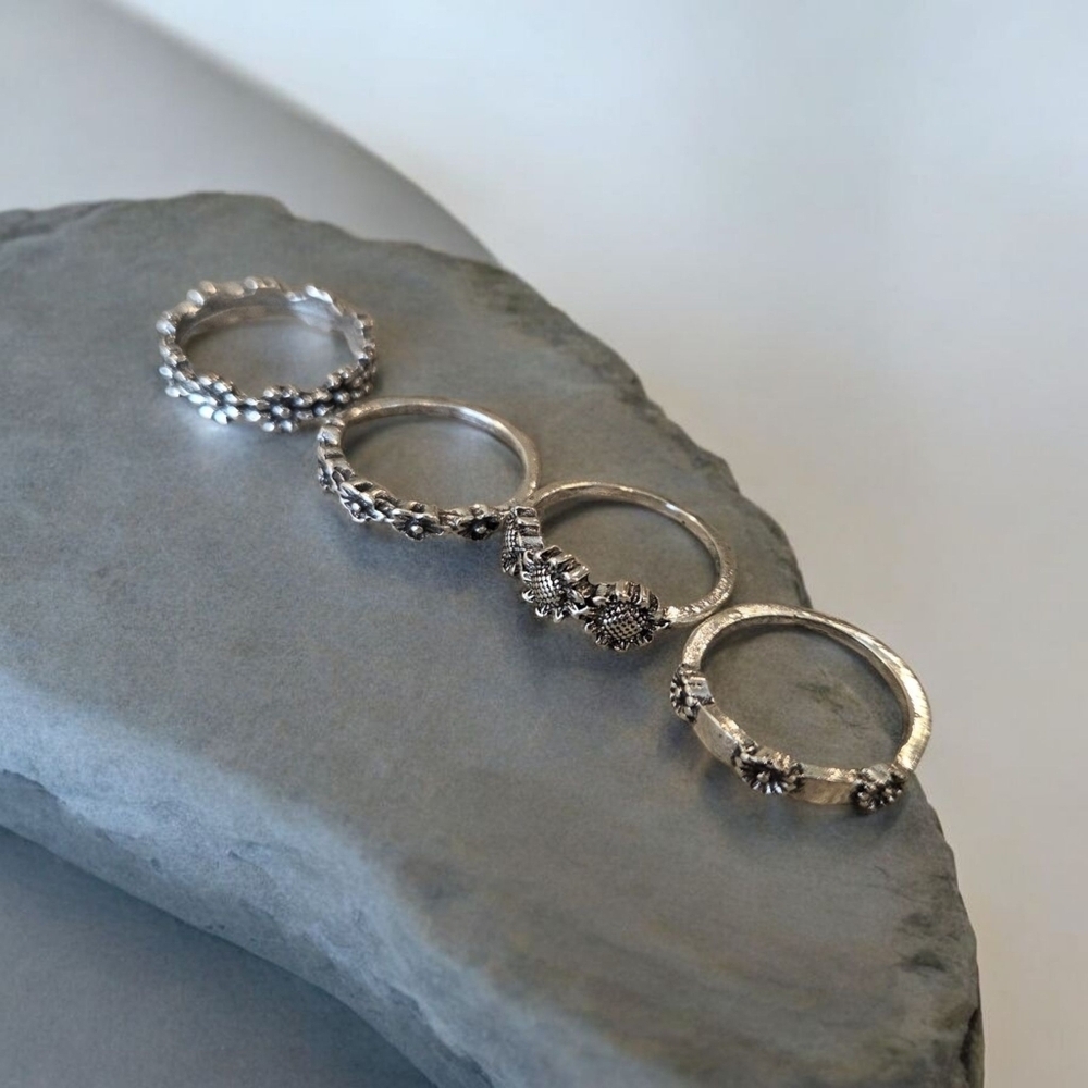 Vintage Bohemian Silver Tone Ring Set